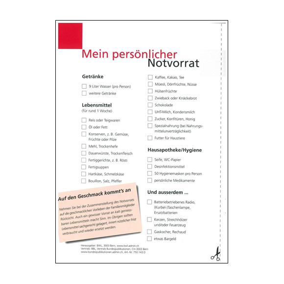 スイス政府発行小冊子。保存食チェックリスト